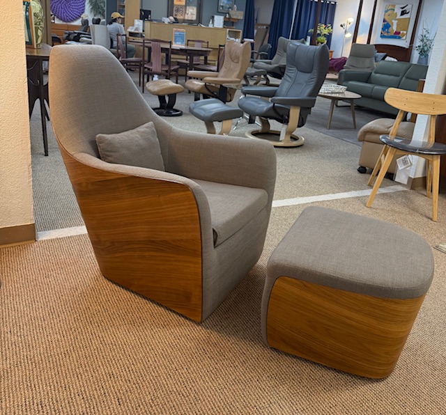 Easy Chair with Ottoman Mario Mazzer Armonia Gray Fabric Walnut Wood Chair L 39 x W 28 x H 37.25 Ottoman L 21 x D 19.5 x H 16