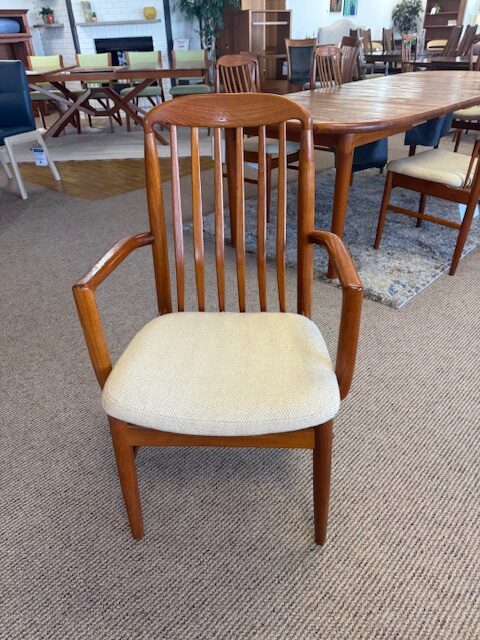 Dining Chair with Arms (2) Teak Wood Original Oatmeal Fabric Upholstery W 21.5 x D 21 x H 37