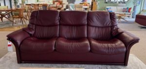 Stressless Eldorado Sofa Three Seat High Back Telescoping Headrests Paloma New Wine Red leather Brown Wood L 93 x D 31.9 x H 36-42