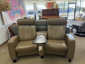 Stressless Theater Seating Arion Two Seat High Back Adjustable Headrests Sector Set Up - Table with Storage Paloma Funghi Leather Wenge Wood