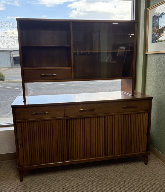 Buffet with Cabinet Craddock-Comment Walnut Veneer Sliding Glass Doors Above with 2 Shelves 1 Drawer Above and 3 Below 3 Sliding Fluted Cabinet Doors